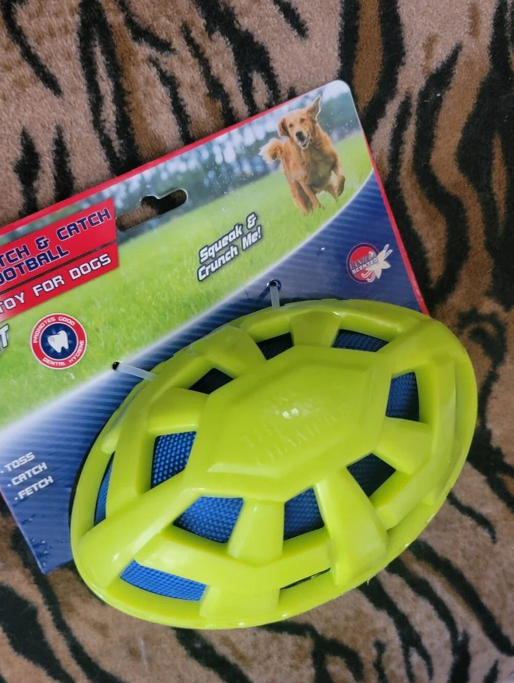 Dog Akc Durable Squeak & Catch Football - Neon Yellow & Blue Large New!